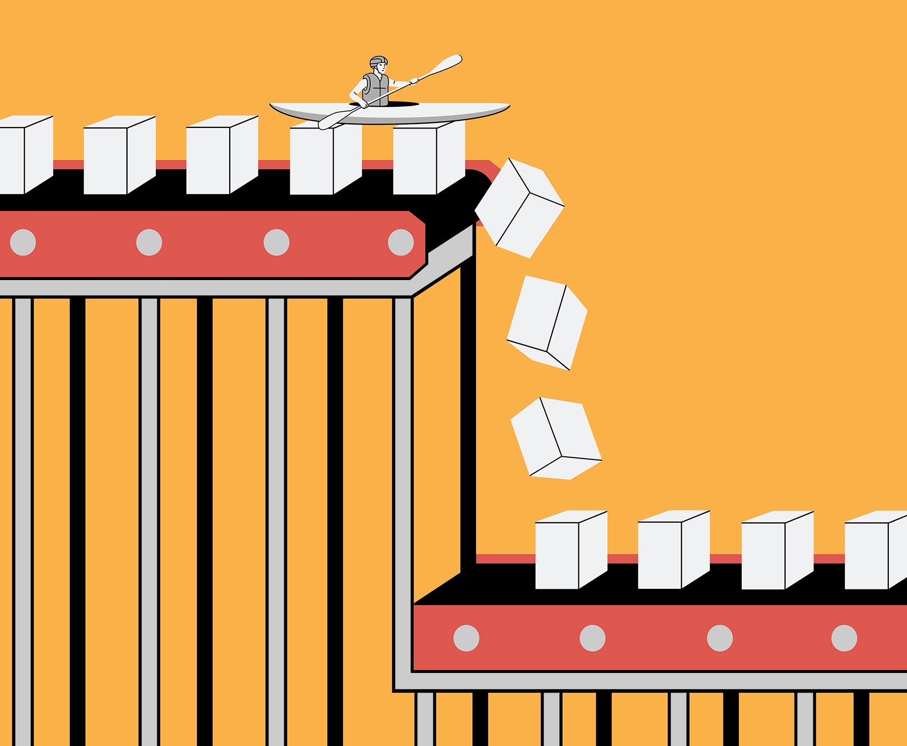 Illustration of a person kayaking across an assembly line of boxes, about to spill onto a lower conveyer belt