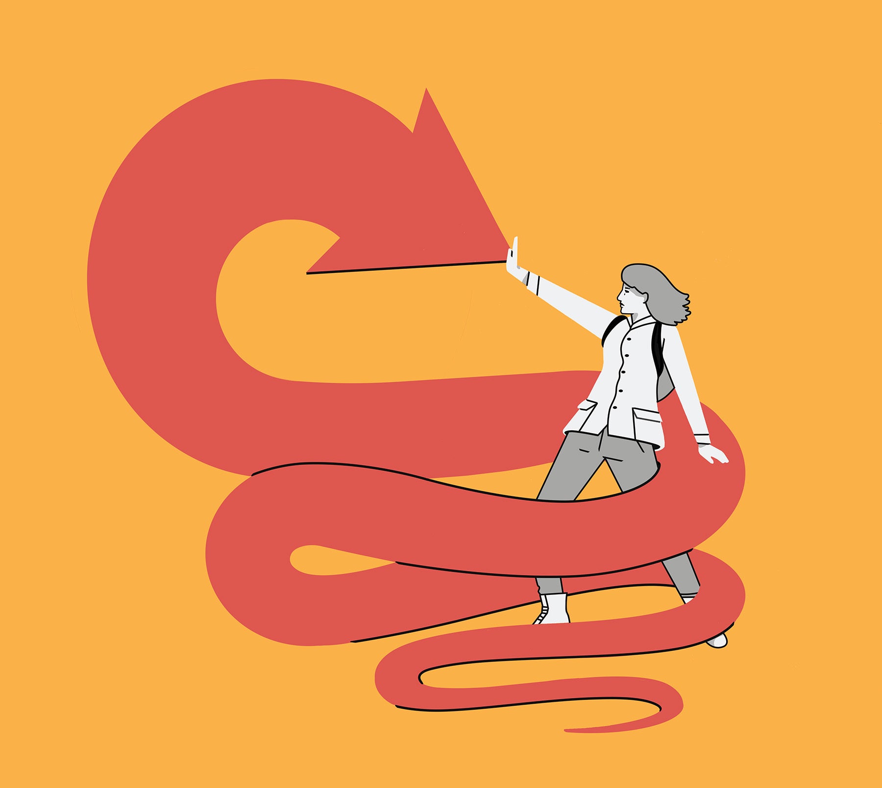 Illustration of a person standing at the center of a winding red arrow, stopping its motion with their hand