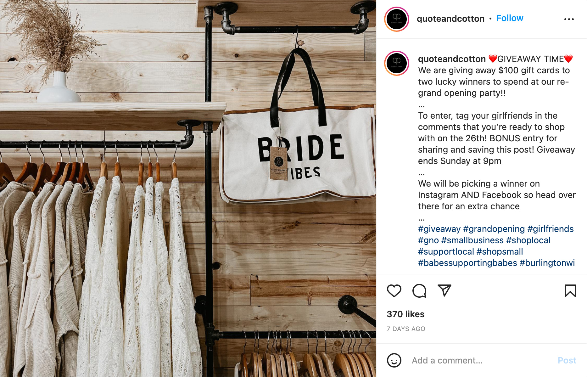 Instagram post by Quote & Cotton advertising the store's grand reopening content