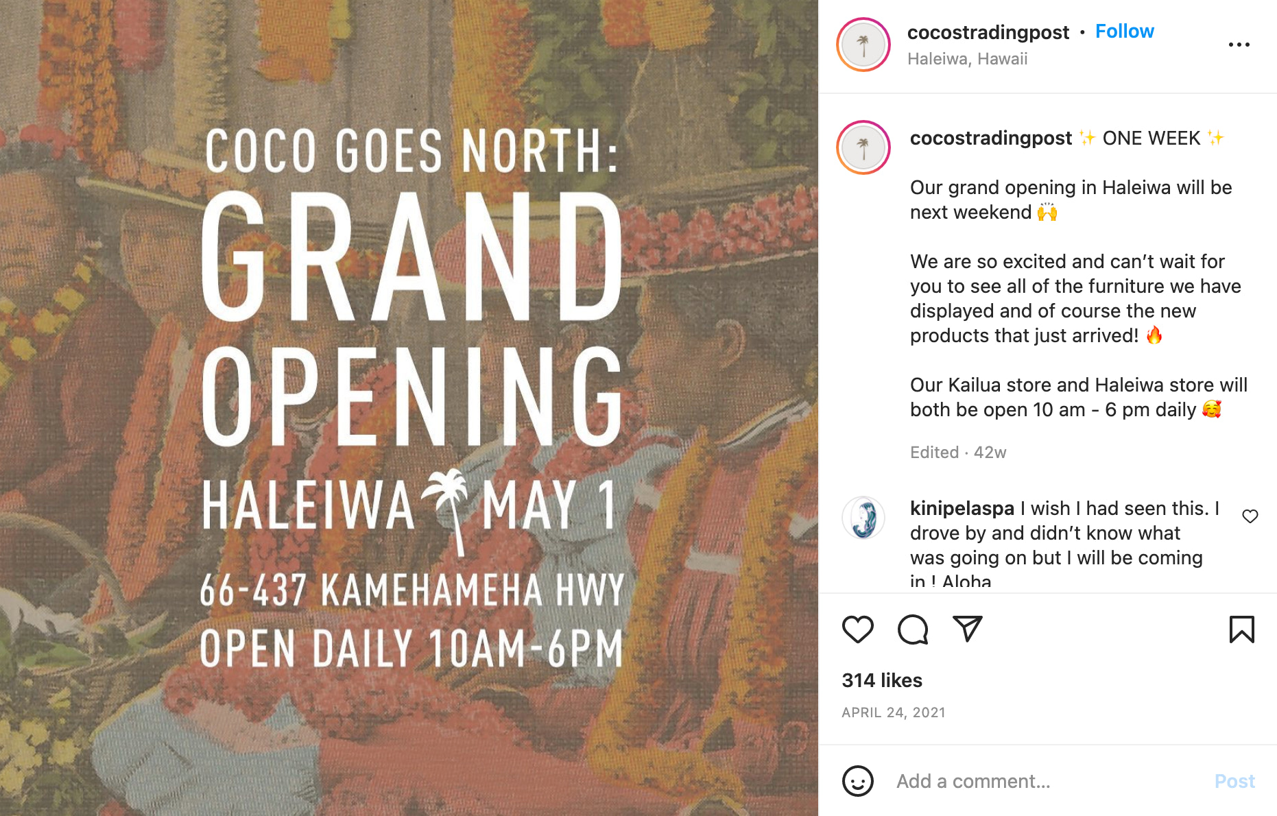 Screen grab of an instagram post by Coco's Trading Post counting down to its grand opening