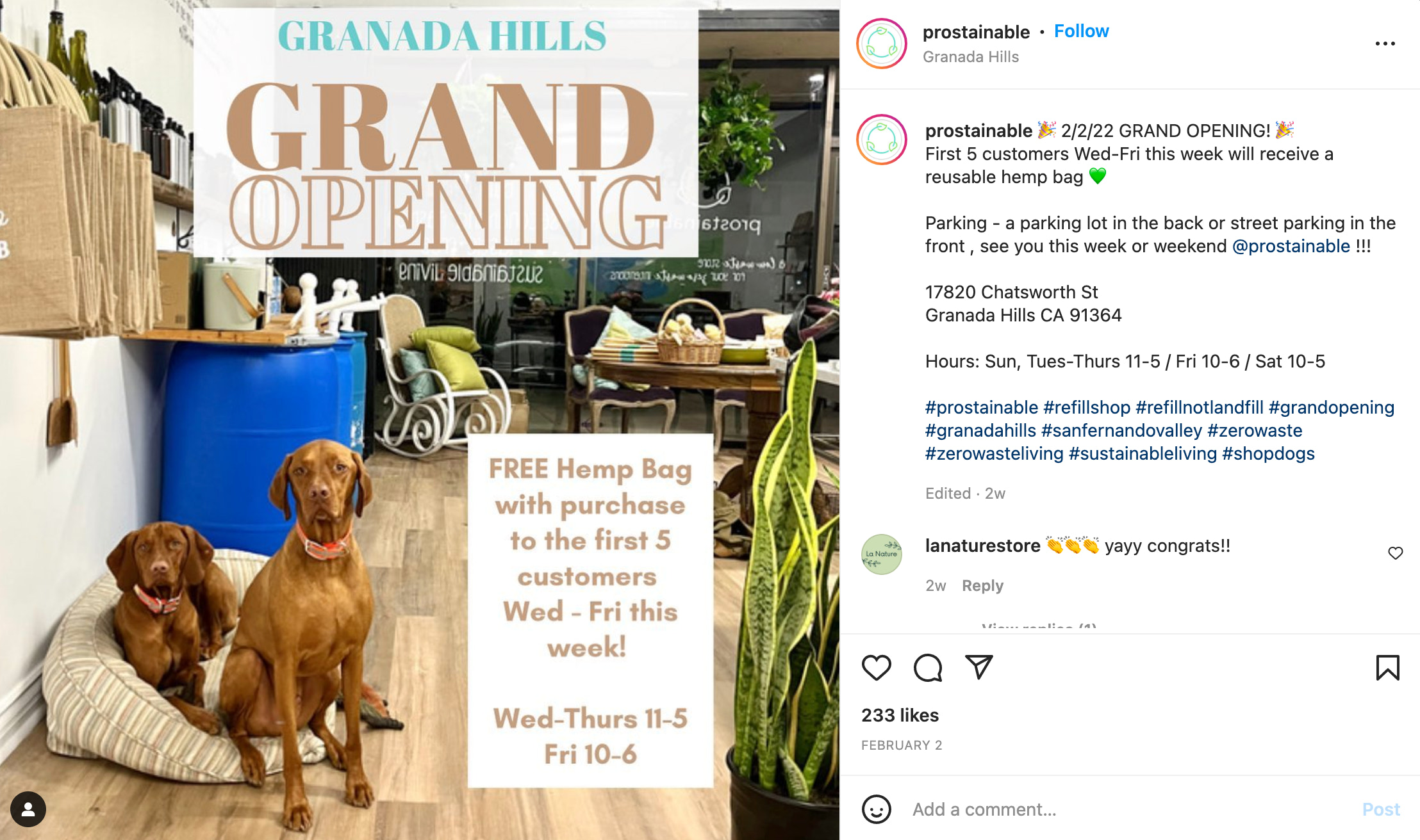Screengrab of an instagram post announcing Prostainable's grand opening giveaway