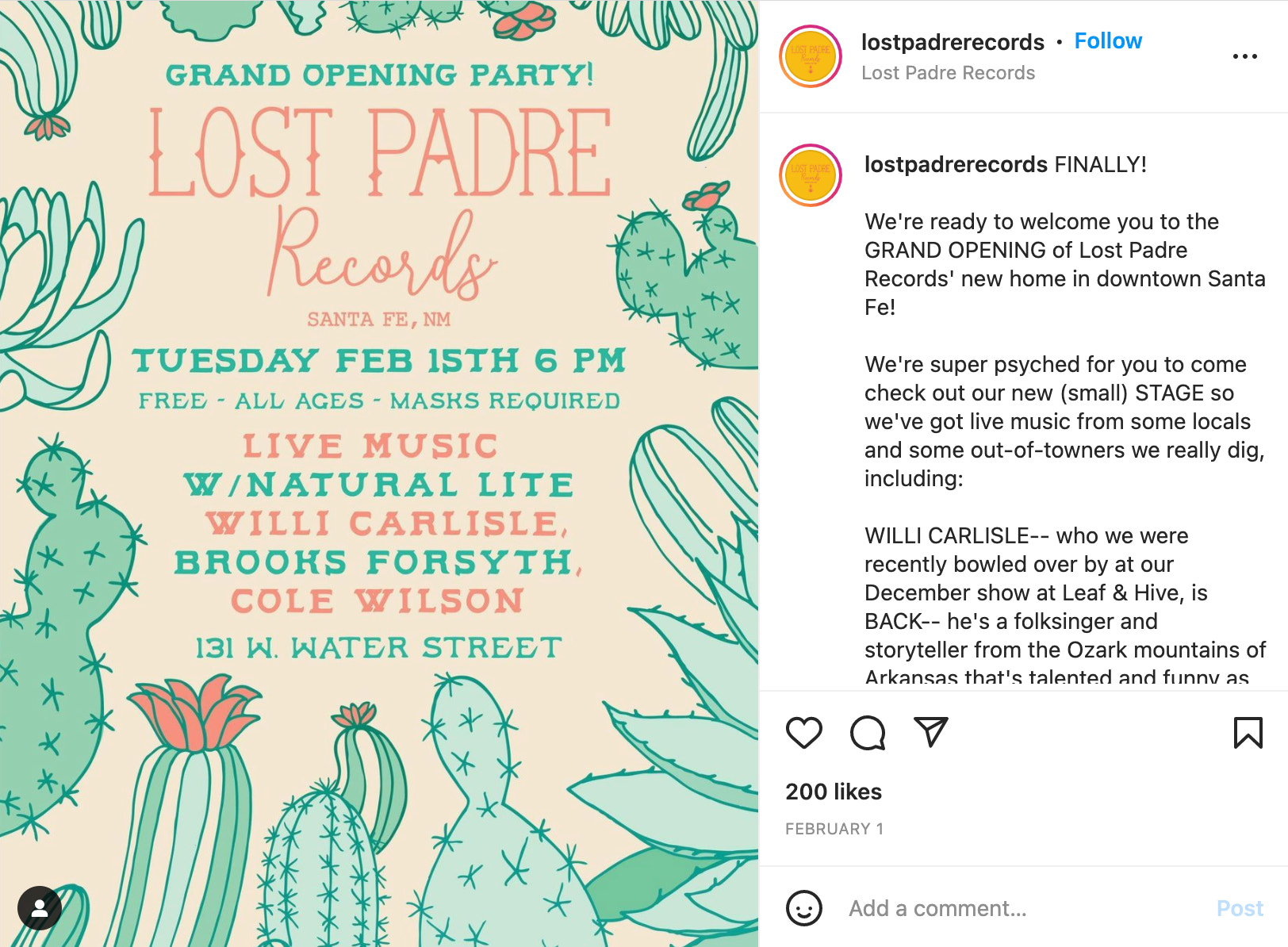 Screen grab of an instagram post by Lost Padre records advertising a grand opening event 