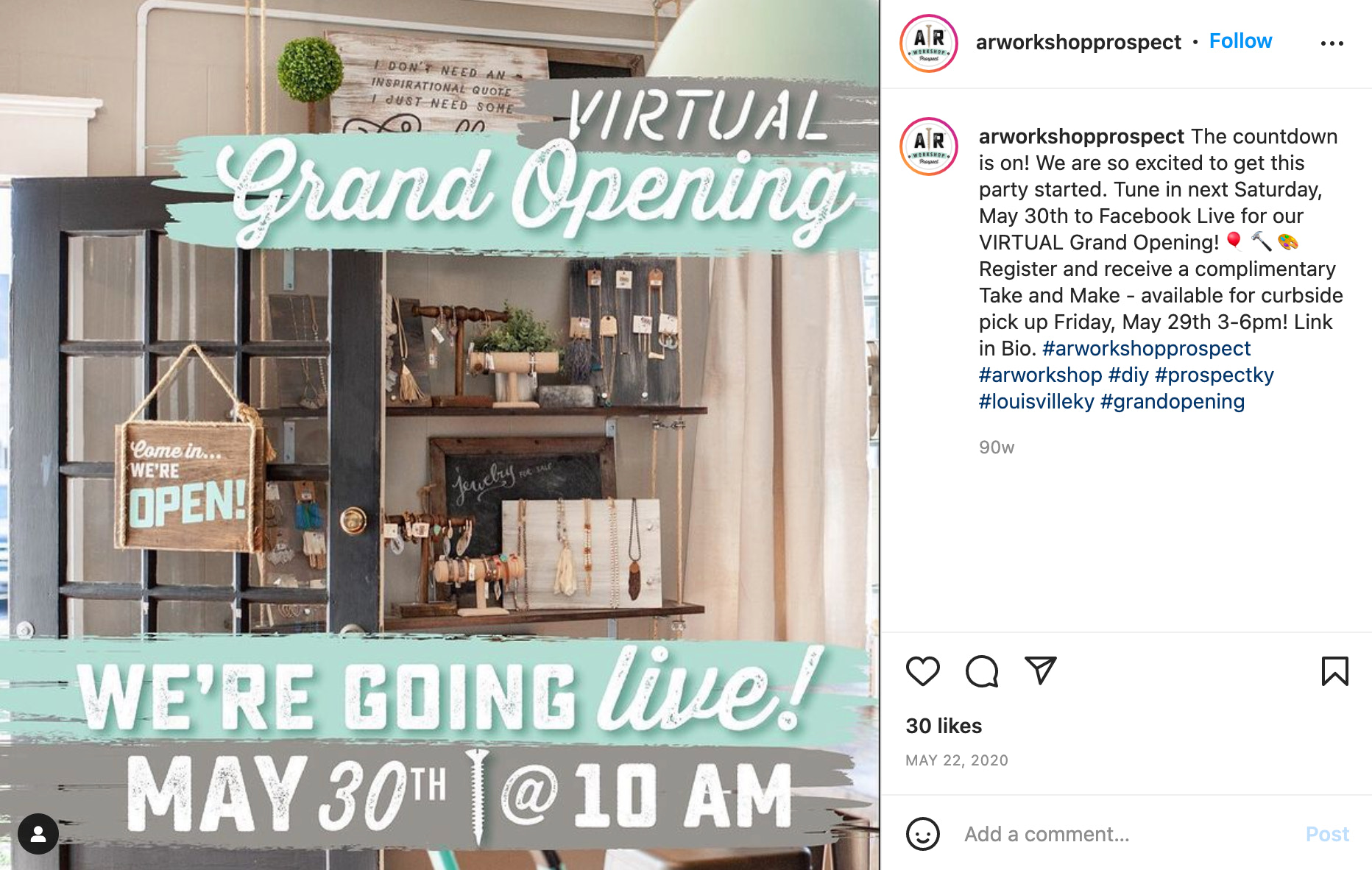 Screengrab of AR Workshop's instagram post announcing its online grand opening event