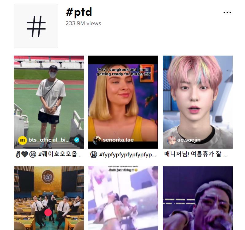 TikTok hashtag search results page for #ptd with 6 thumbnails of videos