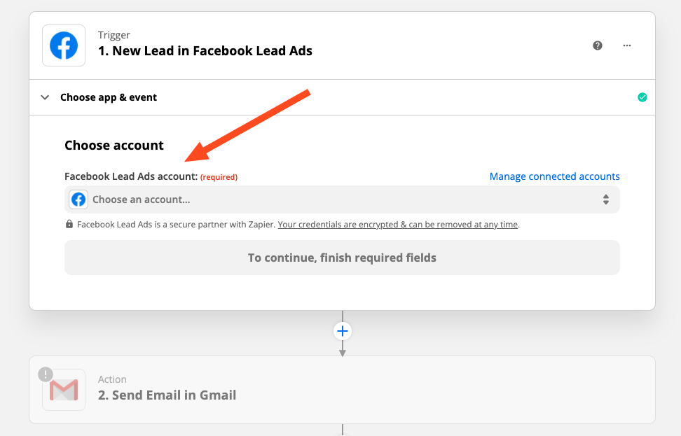 An orange arrow pointing to the text "Facebook Lead Ads Account" above the blue Facebook logo.