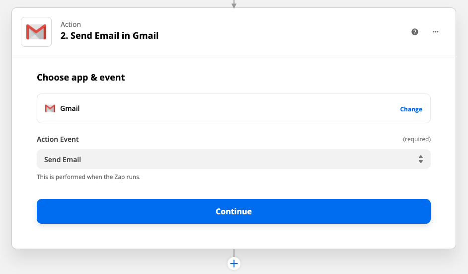 The red and white Gmail envelope app logo next to the text "Send Email in Gmail" with a blue button that reads "Continue" below.