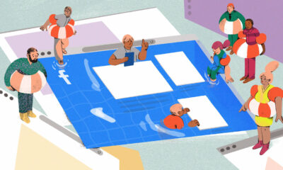 Illustration of a pool in the shape of a Facebook homescreen. We see a swimming instructor in the pool and beginner-swimmers around the pool with life preservers on, as a metaphor for those being given a step by step guide to facebook ads.