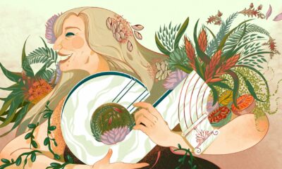 Illustration by Islenia Mil depicting "TikTok for business"—a woman holds a vase shaped like the TikTok logo full of plants