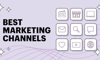 The words best marketing channels next to a grid of different icons on a purple background